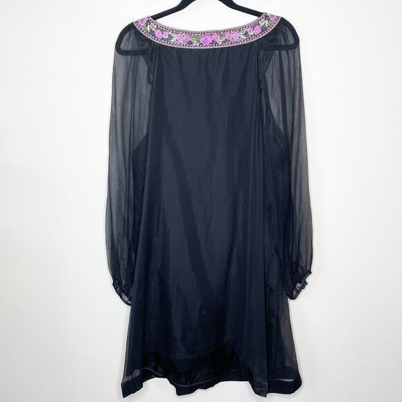 MONSOON black flowy sheer sleeve silk dress w/pink beading & embroidery size 18 - Picture 4 of 6